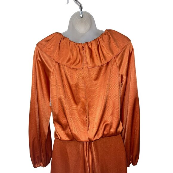 Vintage Handmade Gladys Burnt Orange Long Dress With Ruffle Collar & Elastic Cuf - Picture 8 of 8